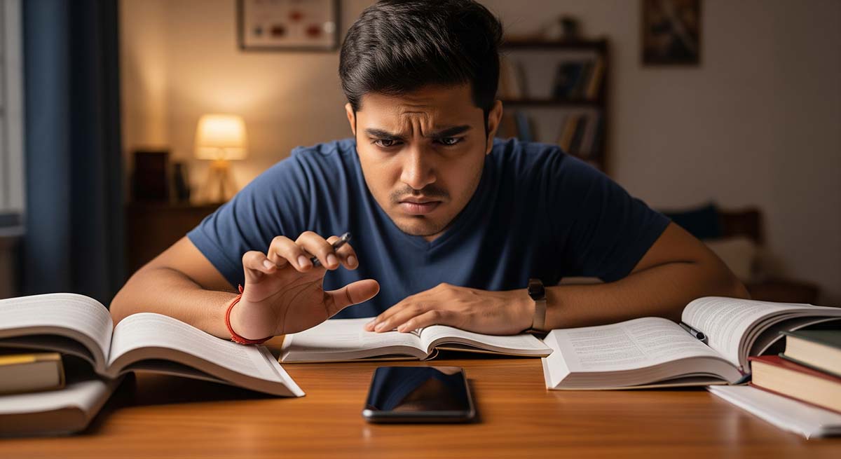 Indian student studying at desk, resisting temptation to use smartphone, symbolizing Digital Detox, Internet Addiction control and focus improvement.